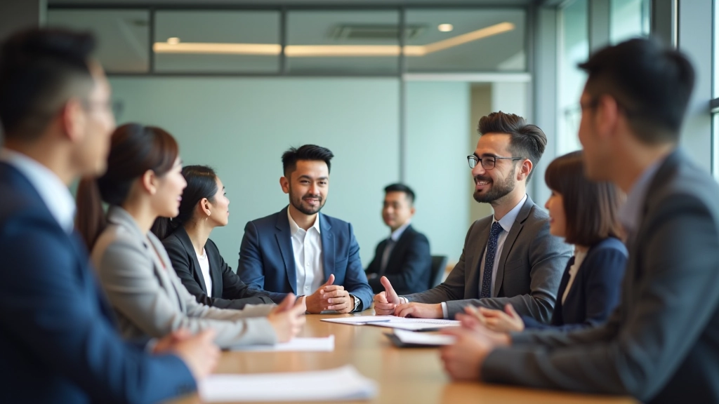 Professional development workshop with diverse team members collaborating on growth strategies in modern Hong Kong office setting