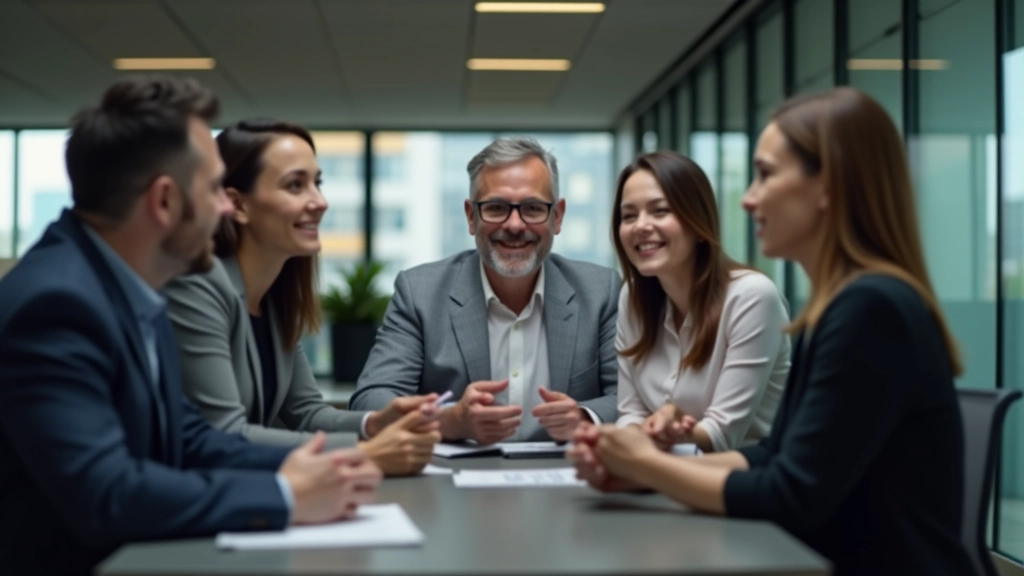 Team of professionals collaborating in modern office environment with open communication